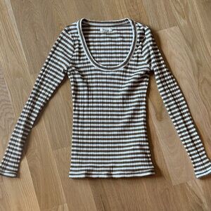 Madewell- Green and White Striped Long Sleeve Top